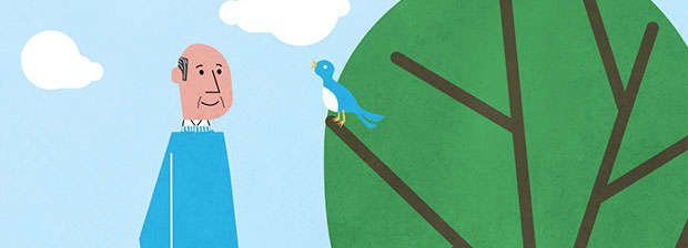 illustration of a older man listening to a singing bird